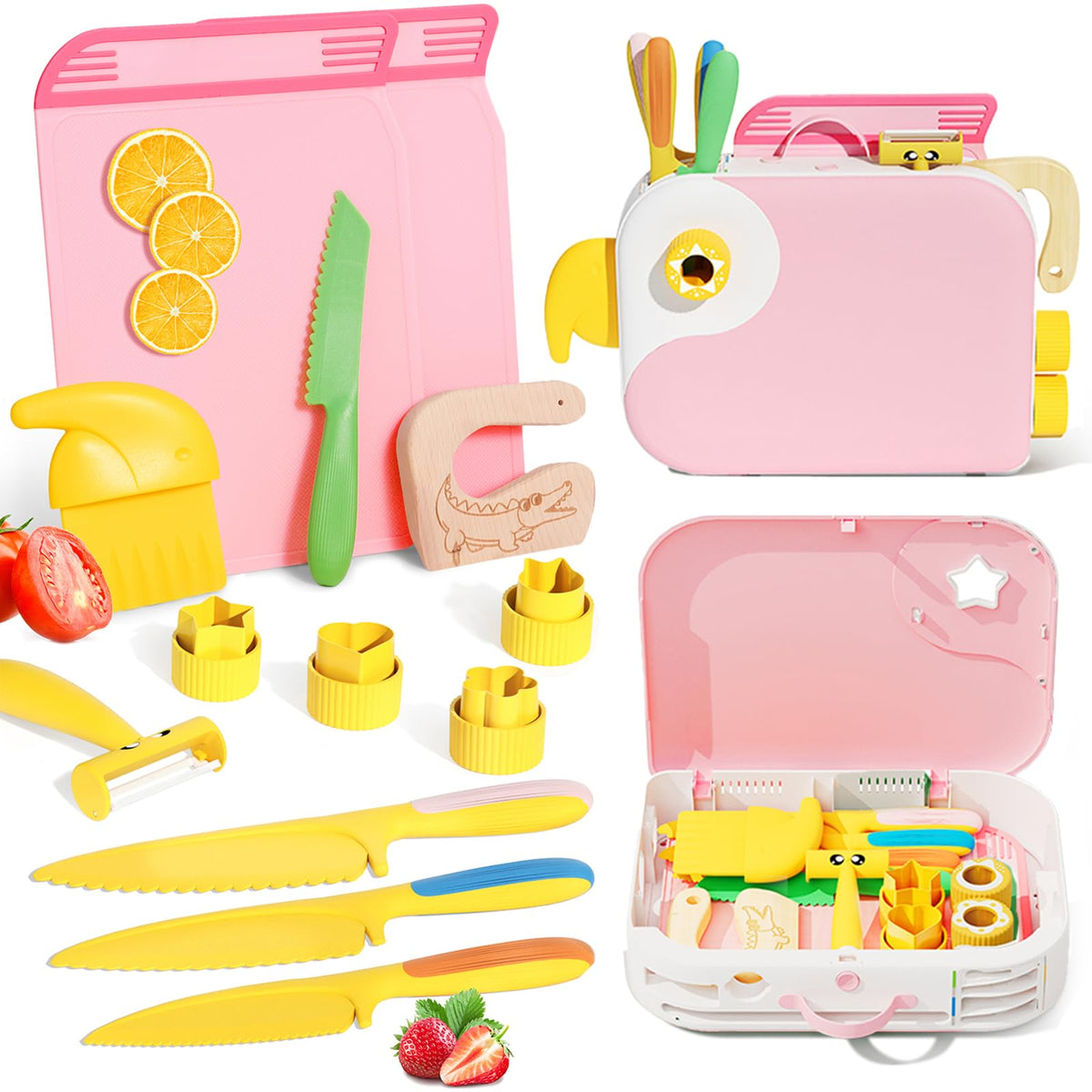 Lullulii Montessori pink storage box keeps the kitchen tools organized for kids.