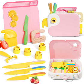 Lullulii Montessori pink storage box keeps the kitchen tools organized for kids.