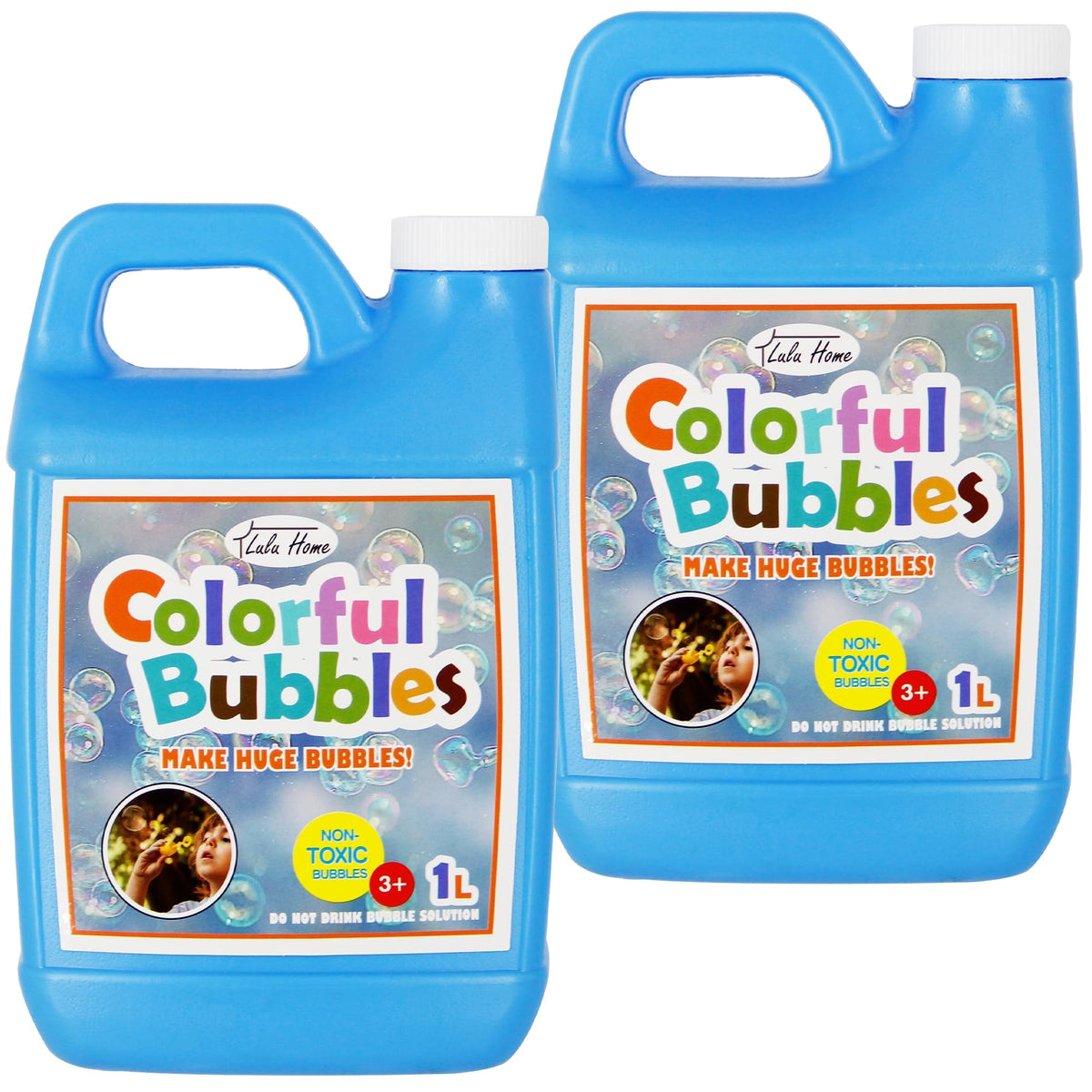 Lulu Home 2-pack bubble solution with giant wand creates large, colorful bubbles for outdoor fun.