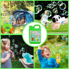 Birthday party bubbles with Lulu Home green bottle for joyful outdoor fun.