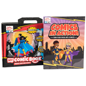 Lulu Jr My Comic Book Making Kit inside templates guide characters and stories.