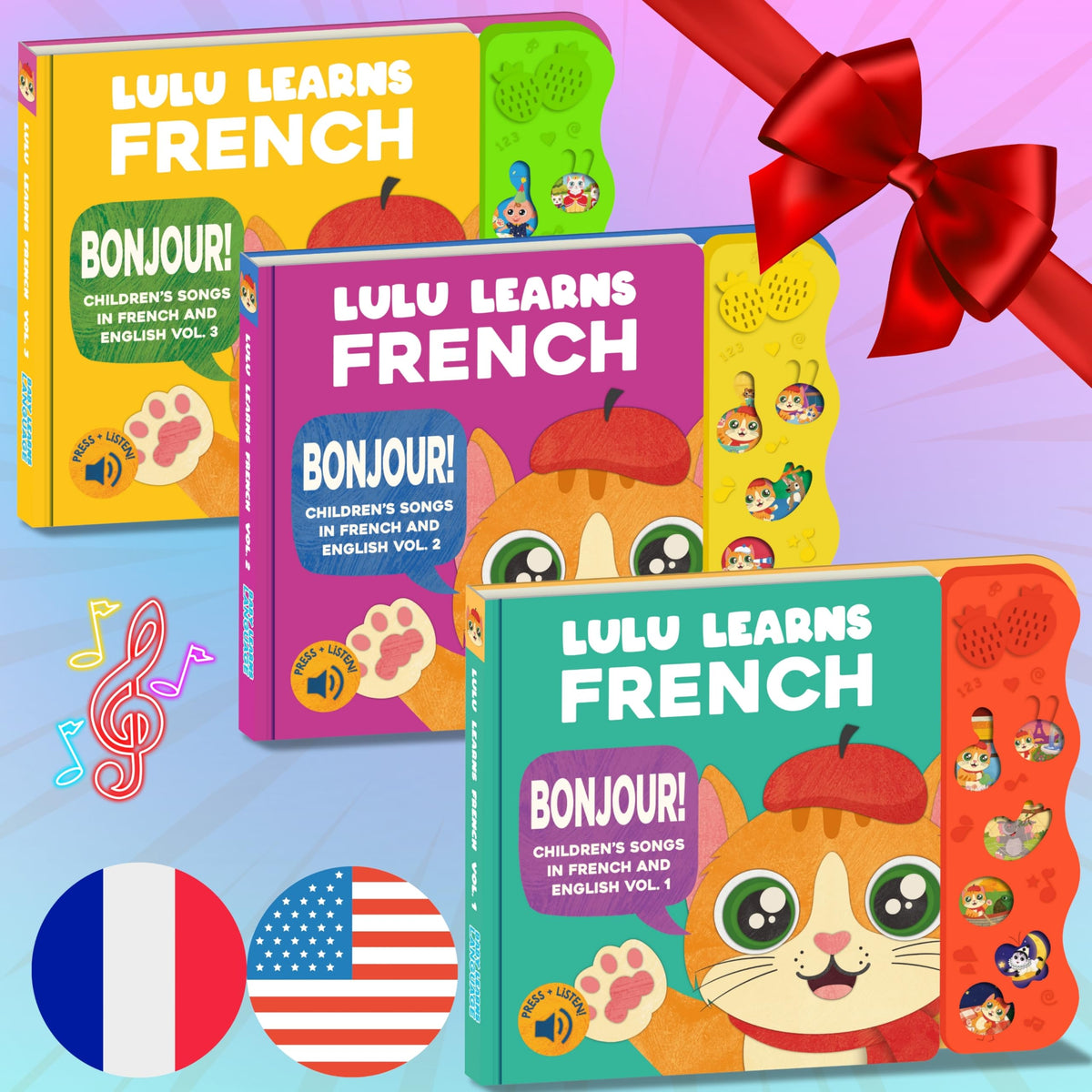 Full-length French songs played twice to support listening and repetition.