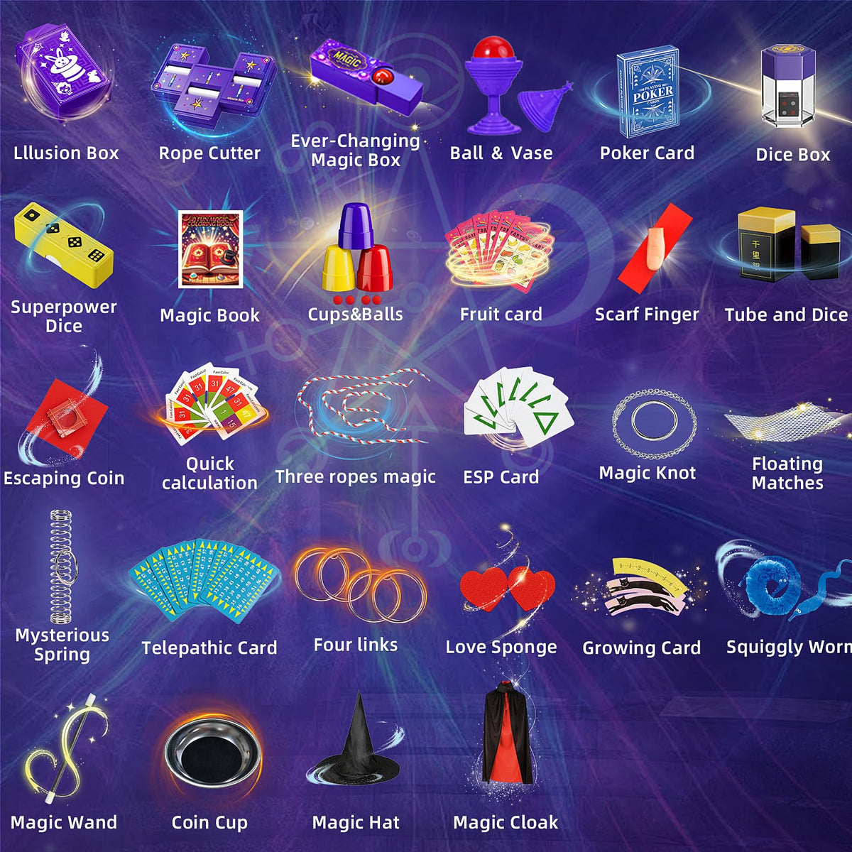 luluckck 30 in 1 magic set with kid-friendly wand and props for imaginative pretend play.