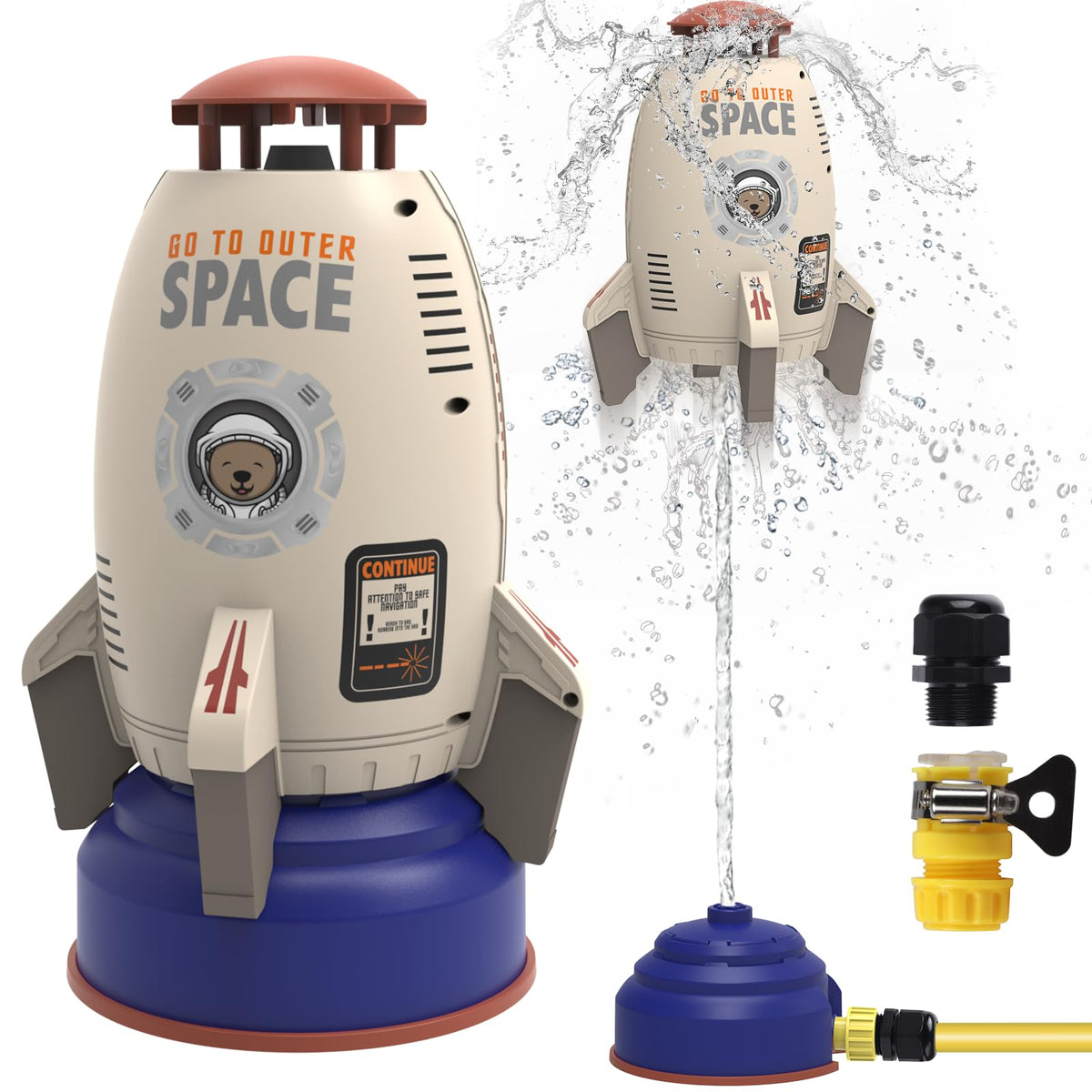 LULUETPUE sprinkler rocket launcher on lawn with jet spray for kids' outdoor fun.