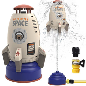 LULUETPUE sprinkler rocket launcher on lawn with jet spray for kids' outdoor fun.