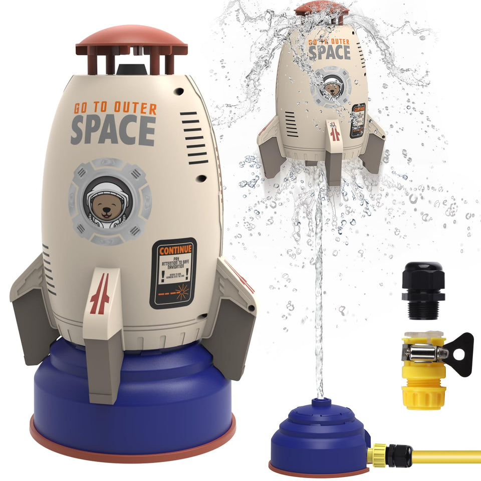 LULUETPUE sprinkler rocket launcher on lawn with jet spray for kids' outdoor fun.
