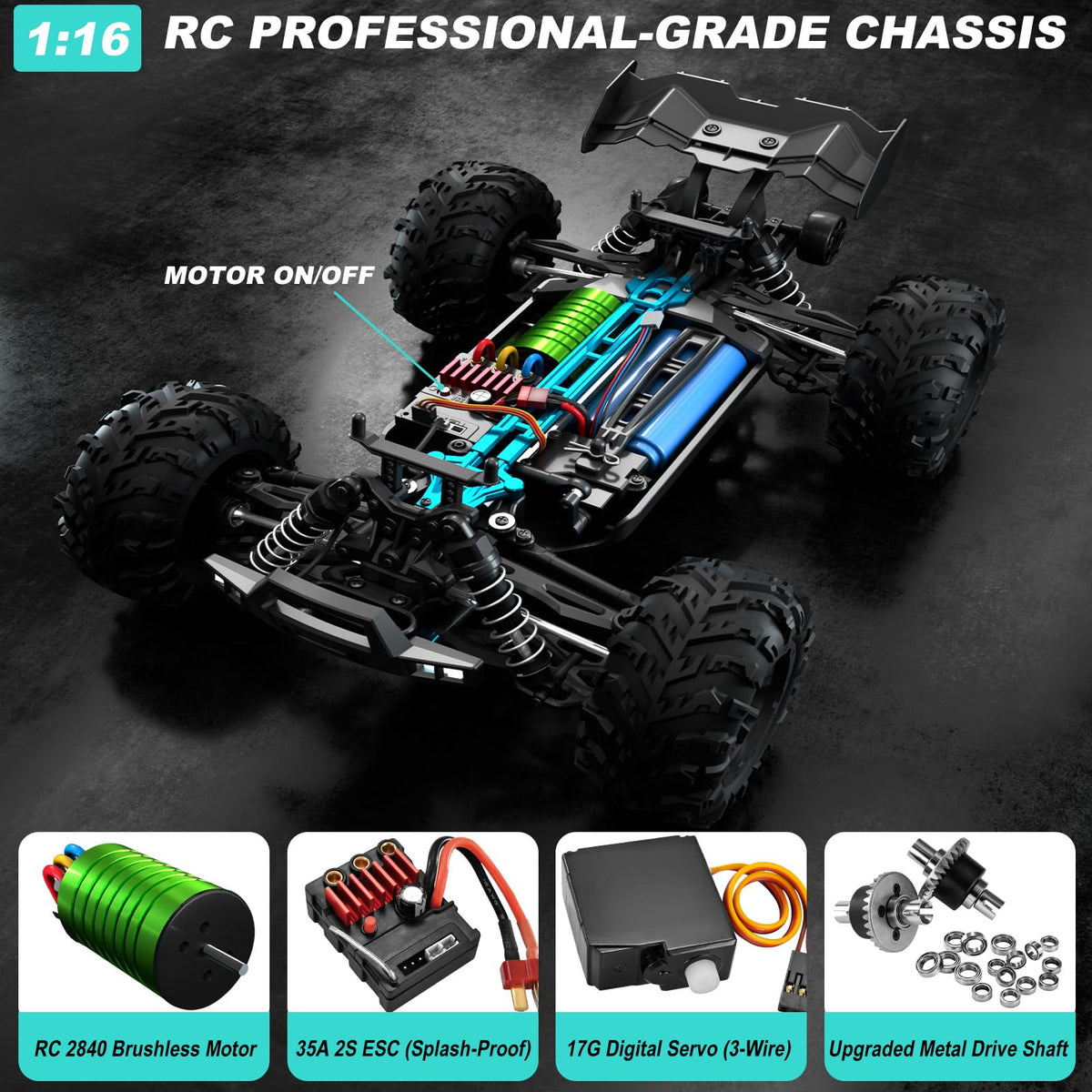 LUMENAS 1:16 brushless RC car off-road tires in action for superior grip