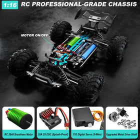 LUMENAS 1:16 brushless RC car off-road tires in action for superior grip