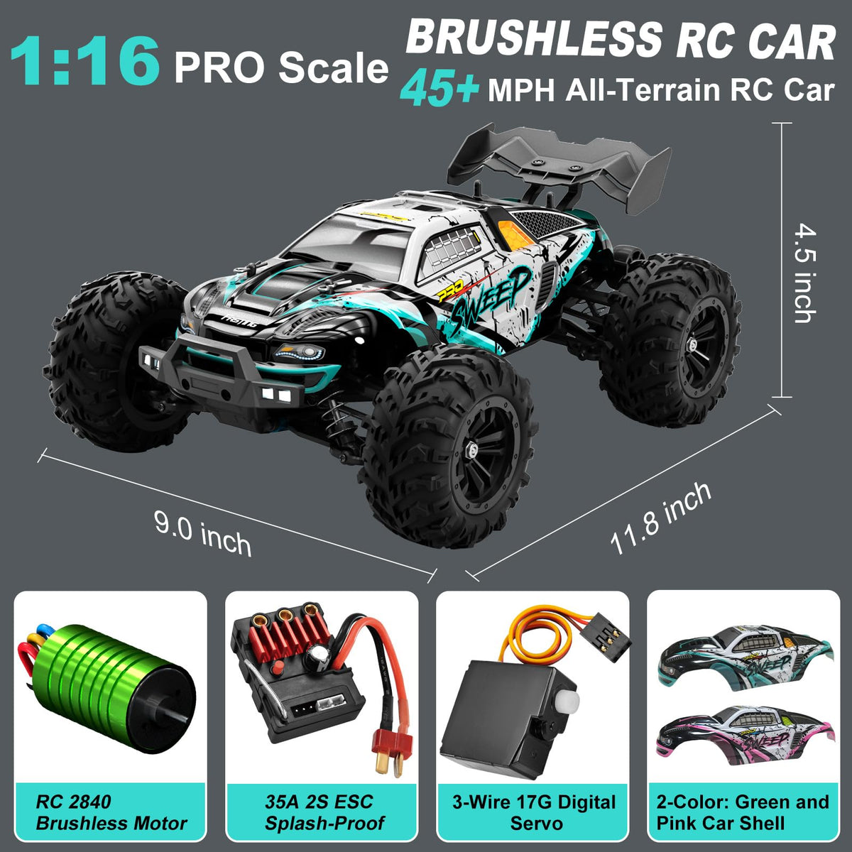 LUMENAS 1:16 brushless RC car rear view shows rugged frame and durability
