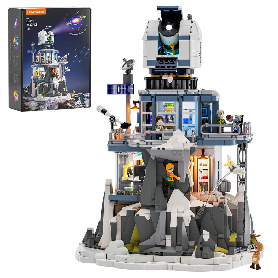 Lumibricks Alpine Observatory dome rotation illuminates a space themed decor scene