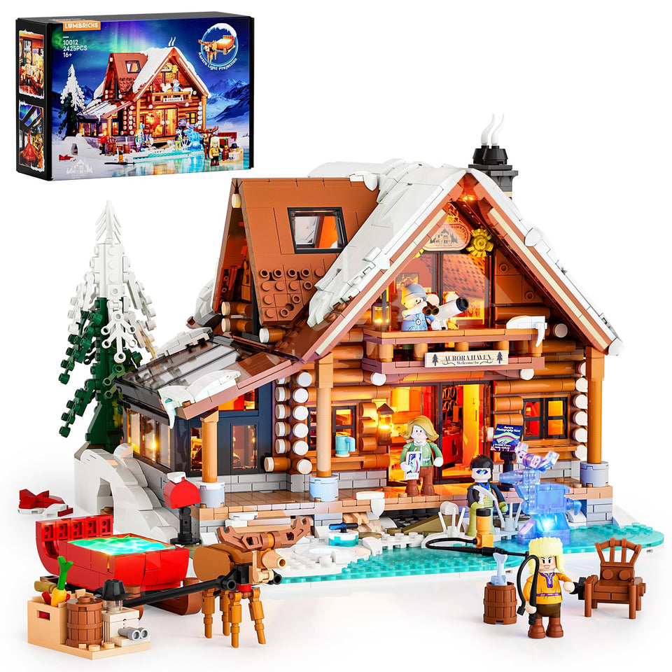 Lumibricks Aurora-Cabin exterior showcases arctic charm with glow for cozy holiday displays.
