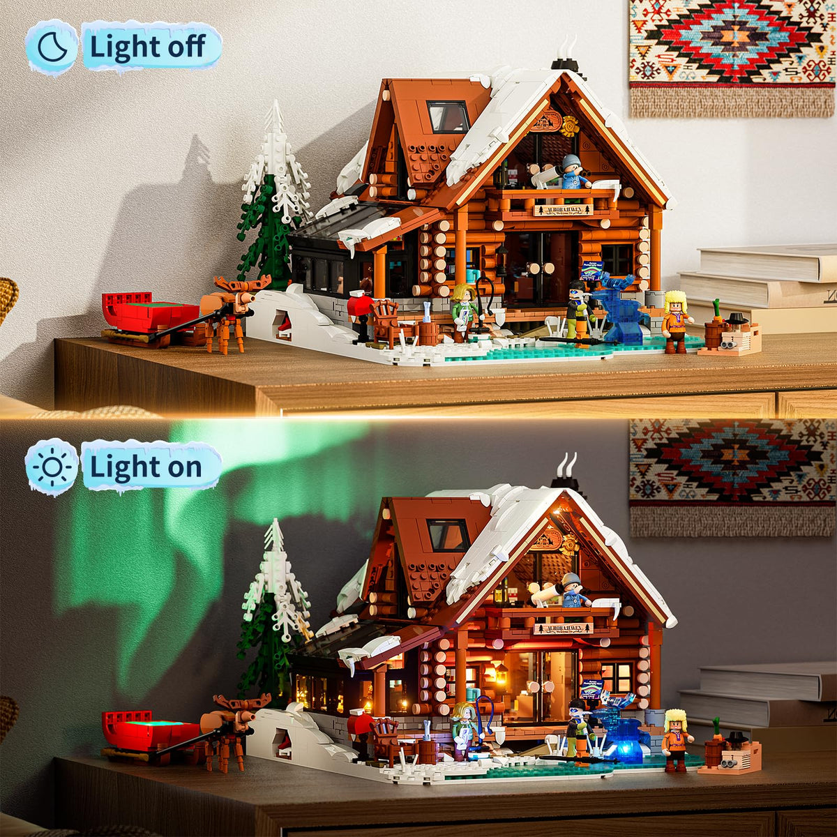 Lumibricks Aurora-Cabin interior lighting enhances warm, inviting rooms during winter evenings.