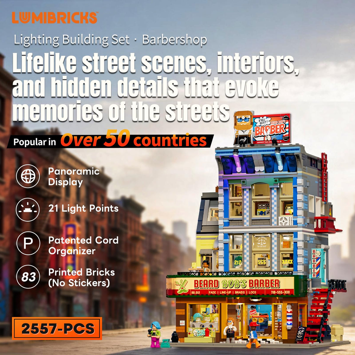 Lumibricks barber pole glow adds authentic retro atmosphere for playtime.