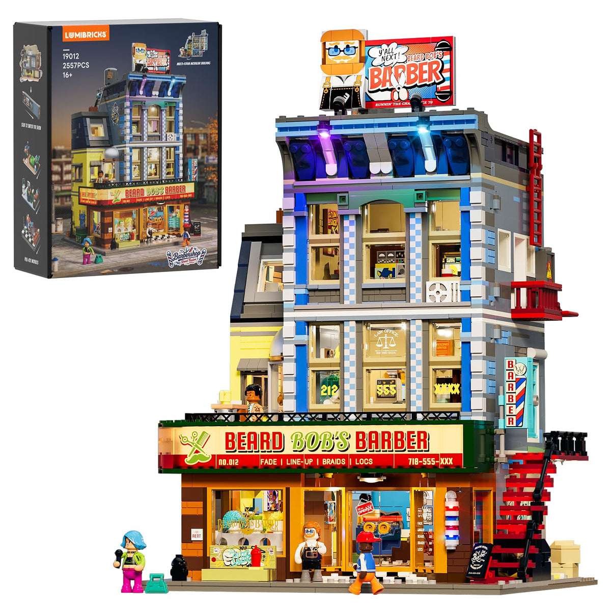 Lumibricks barbershop light sign illuminates a vivid street display.