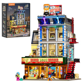 Lumibricks barbershop light sign illuminates a vivid street display.