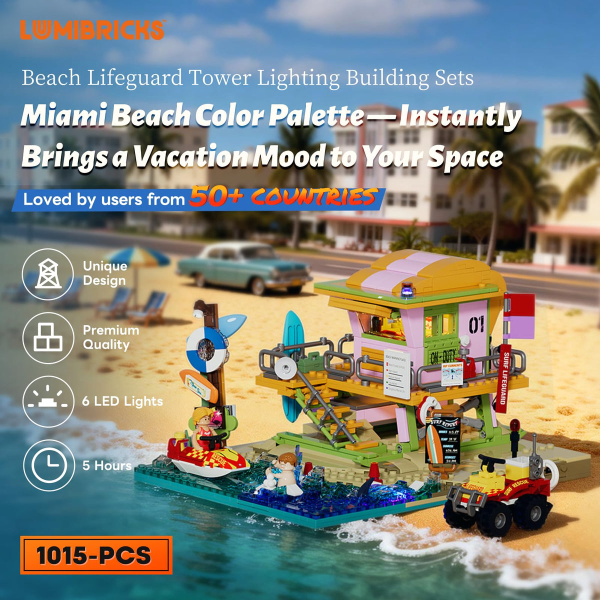 Lumibricks beach jet-skis and ATVs scene adds dynamic coastal flair.