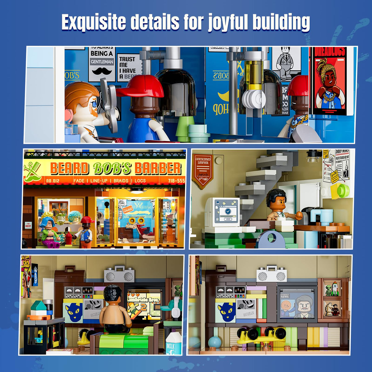 Lumibricks brick architecture and photo walls recreate a bustling urban scene.