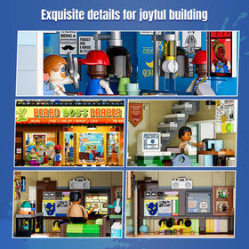 Lumibricks brick architecture and photo walls recreate a bustling urban scene.