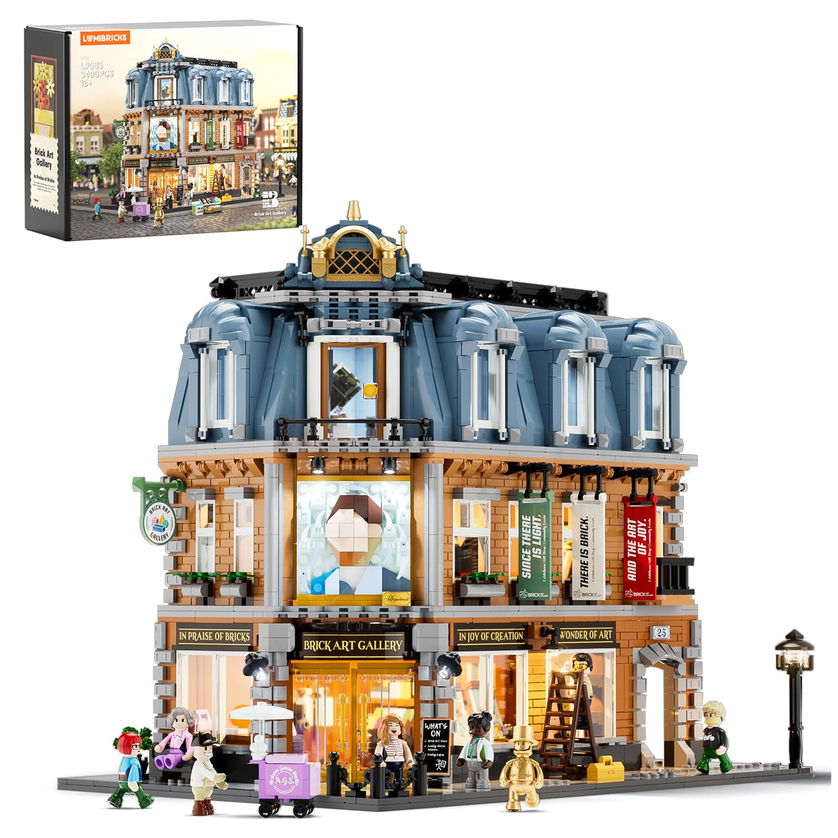 Lumibricks brick art gallery exterior image highlights warm lighting and inviting street view