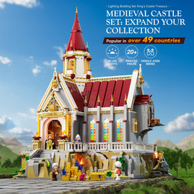 Lumibricks castle exterior front view showcases Gothic-inspired architecture.