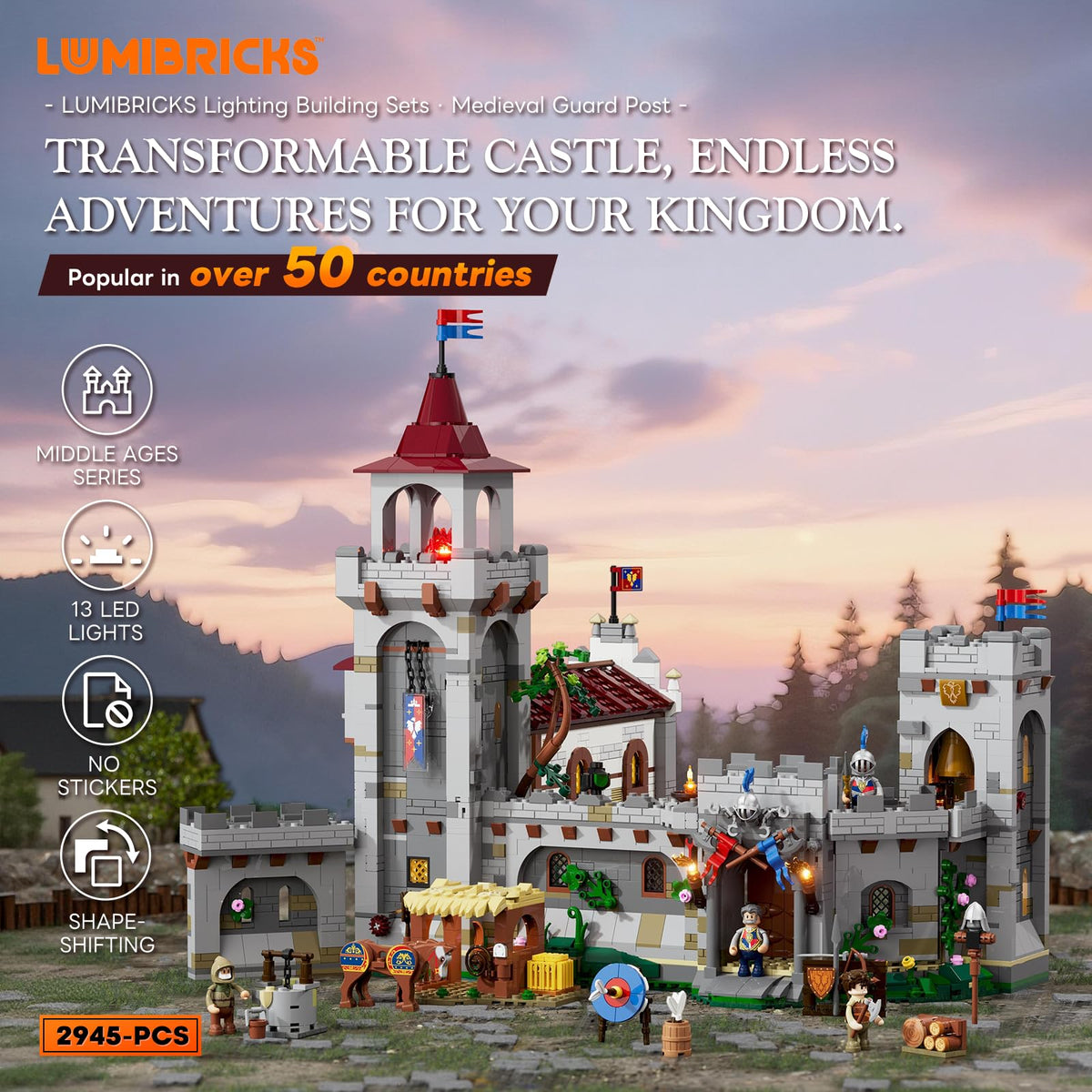 Lumibricks castle modular display kit showcases expandable castle sections for immersive dioramas.