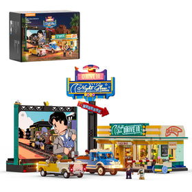 Lumibricks city drive-in movie screen highlights a bold retro focal point for dynamic displays.
