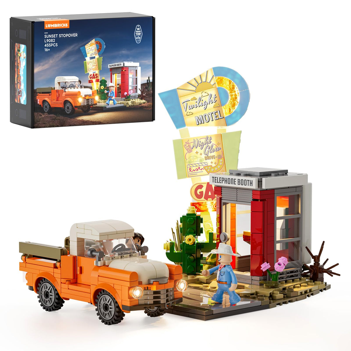 Lumibricks City Sunset Stopover illuminated sign adds nostalgic roadside ambiance.