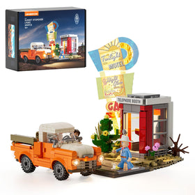 Lumibricks City Sunset Stopover illuminated sign adds nostalgic roadside ambiance.