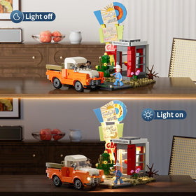 Lumibricks City Sunset Stopover road scene with cars inspires imaginative travel scenes.