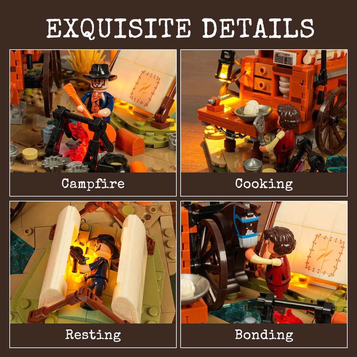Lumibricks Cowboy Camp Lighting Set, detachable wagon action invites interactive play.