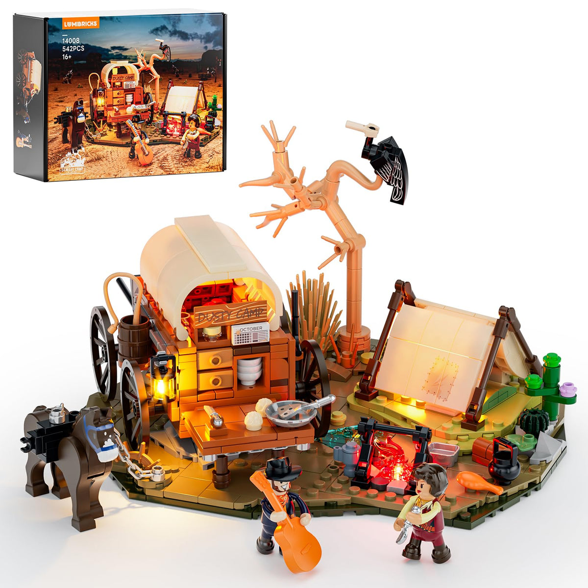 Lumibricks Cowboy Camp Lighting Set, wagon scene glow, ideal for display and storytelling.