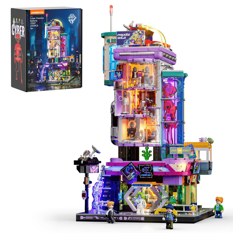 Lumibricks Cyber Couture Galleria light kit brightens shelves for neon city display