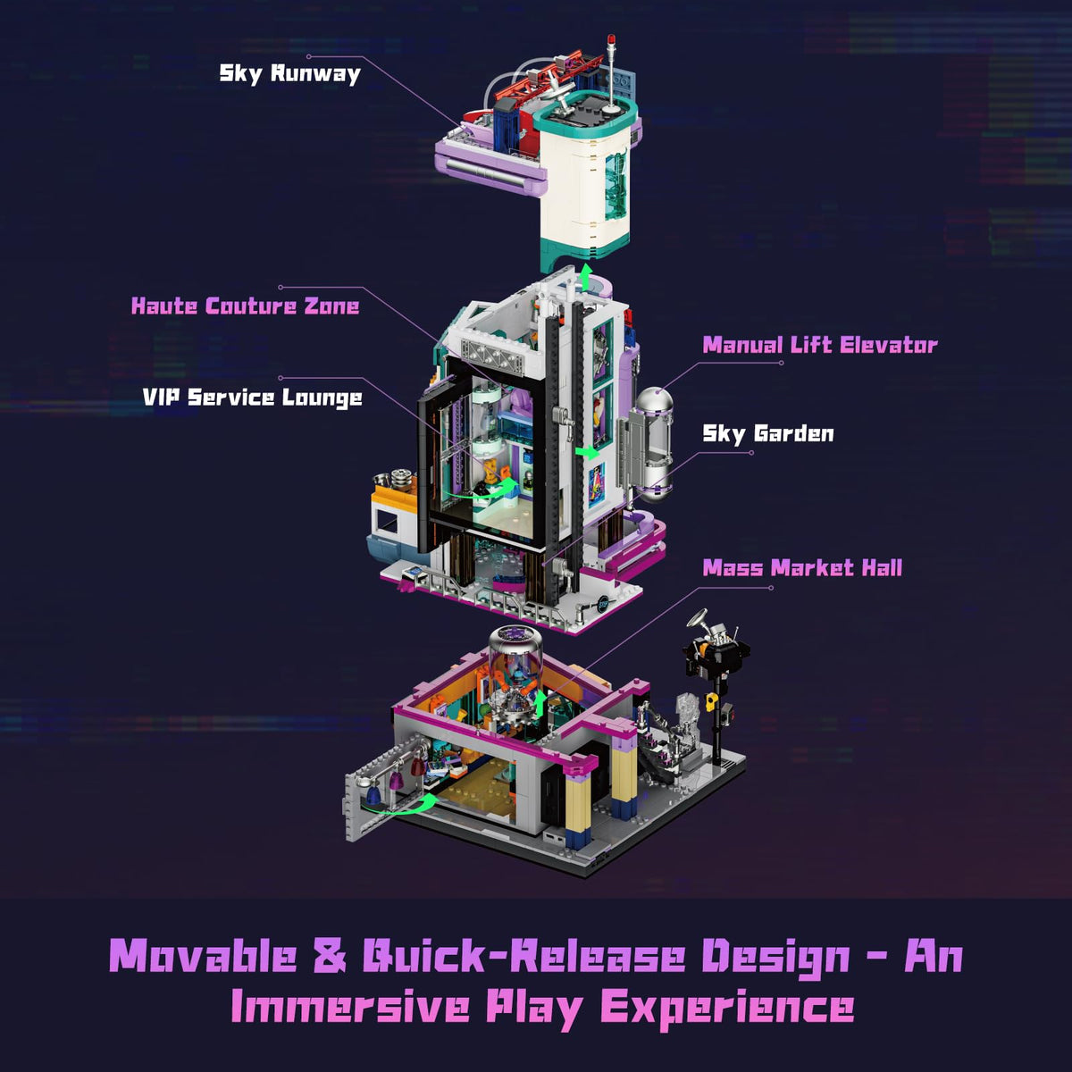 Lumibricks Cyber Couture Galleria night illumination creates dramatic ambiance in any display