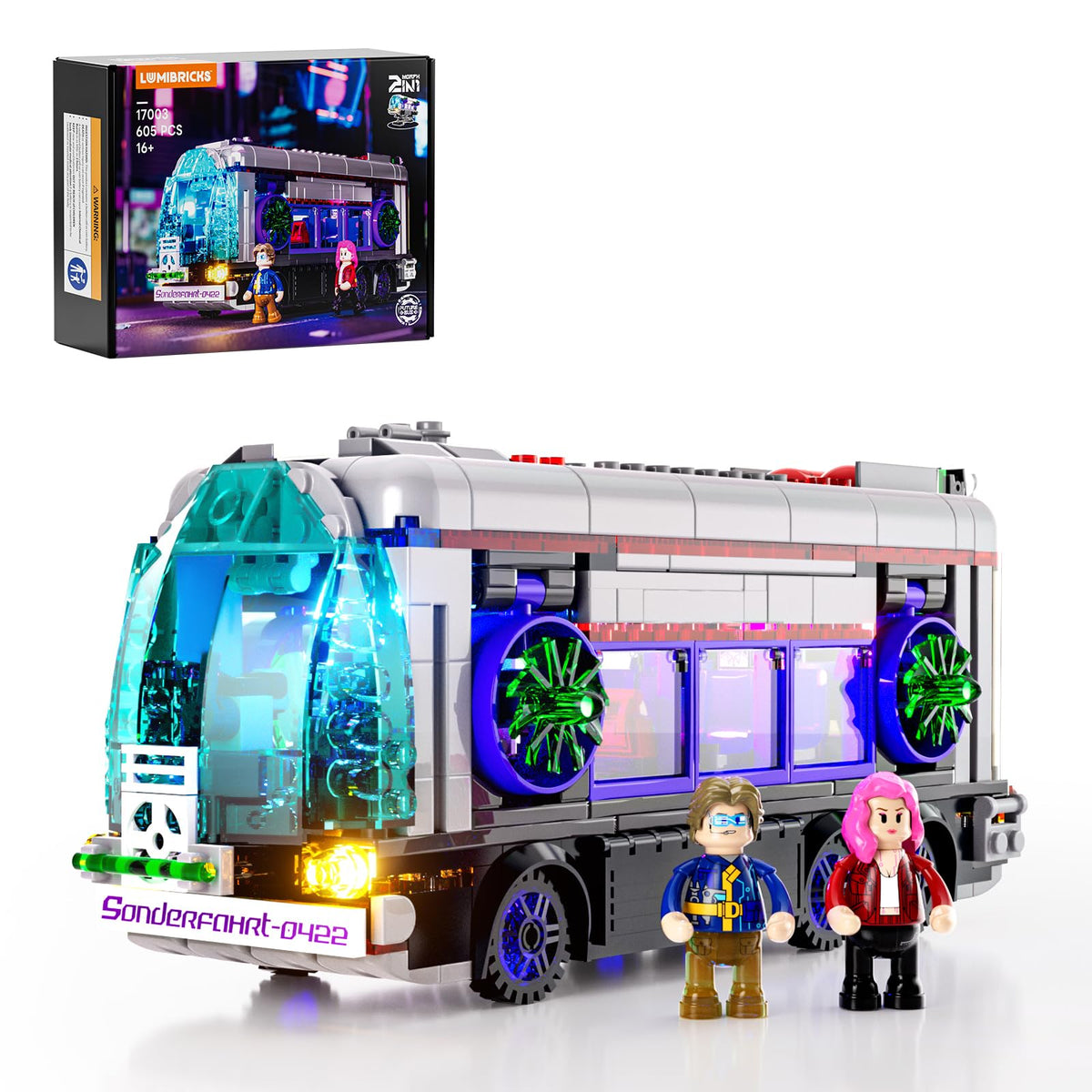 Lumibricks Cyberpunk Bus ground driving mode shows six-wheel stability for realistic play