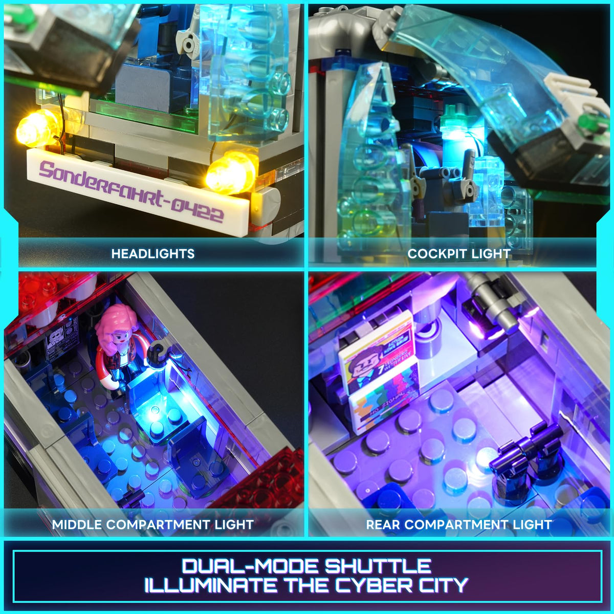 Lumibricks Cyberpunk Bus interactive play features with doors and cockpit elements