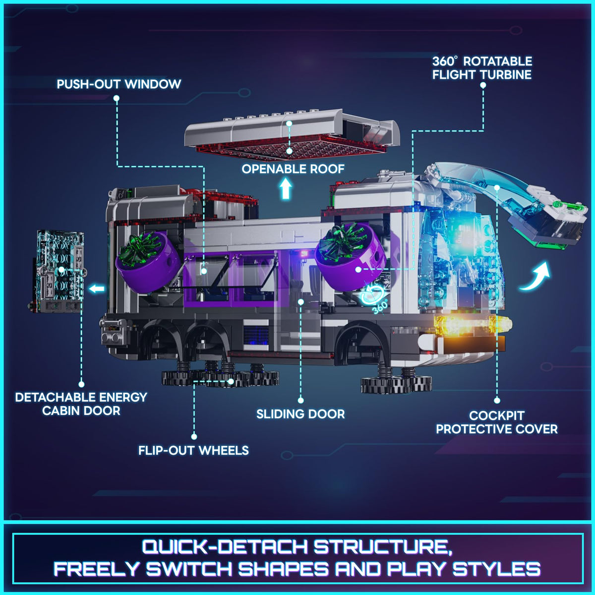 Lumibricks Cyberpunk Bus lighting effects with neon cabin lights and headlights