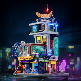 Lumibricks cyberpunk train station scene for immersive storytelling and display