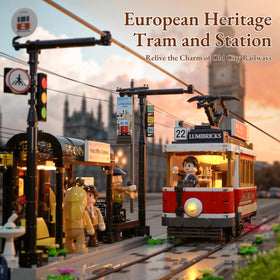 Lumibricks Heritage tram interior lights brighten daytime-to-night scenes for realism.