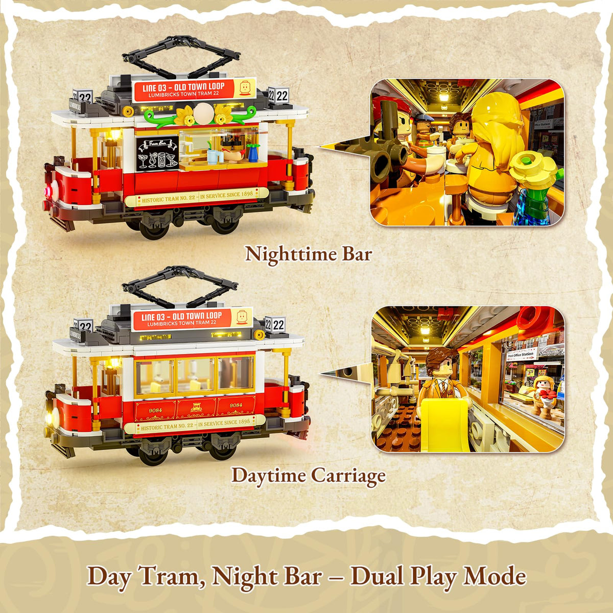 Lumibricks Heritage tram night cabin lights illuminate a cozy evening diorama after hours.