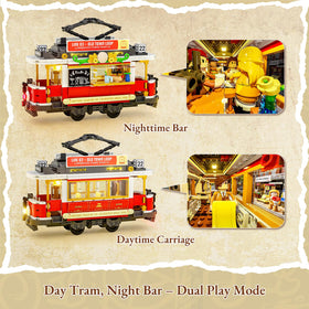 Lumibricks Heritage tram night cabin lights illuminate a cozy evening diorama after hours.