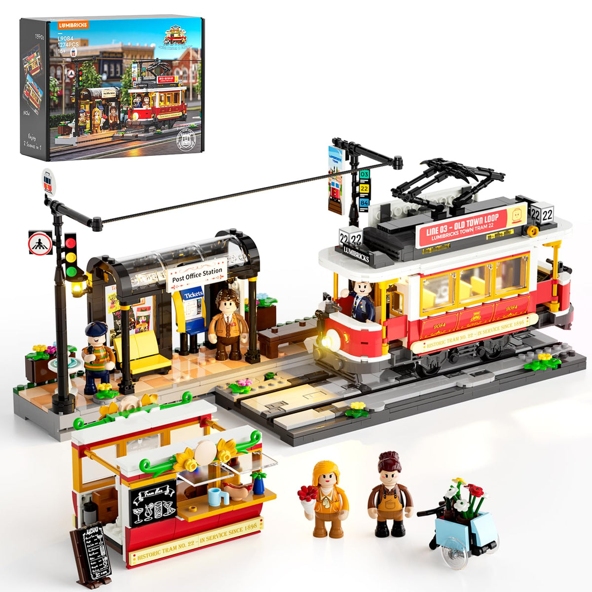Lumibricks Heritage tram side details showcase a classic European streetcar scene for display.