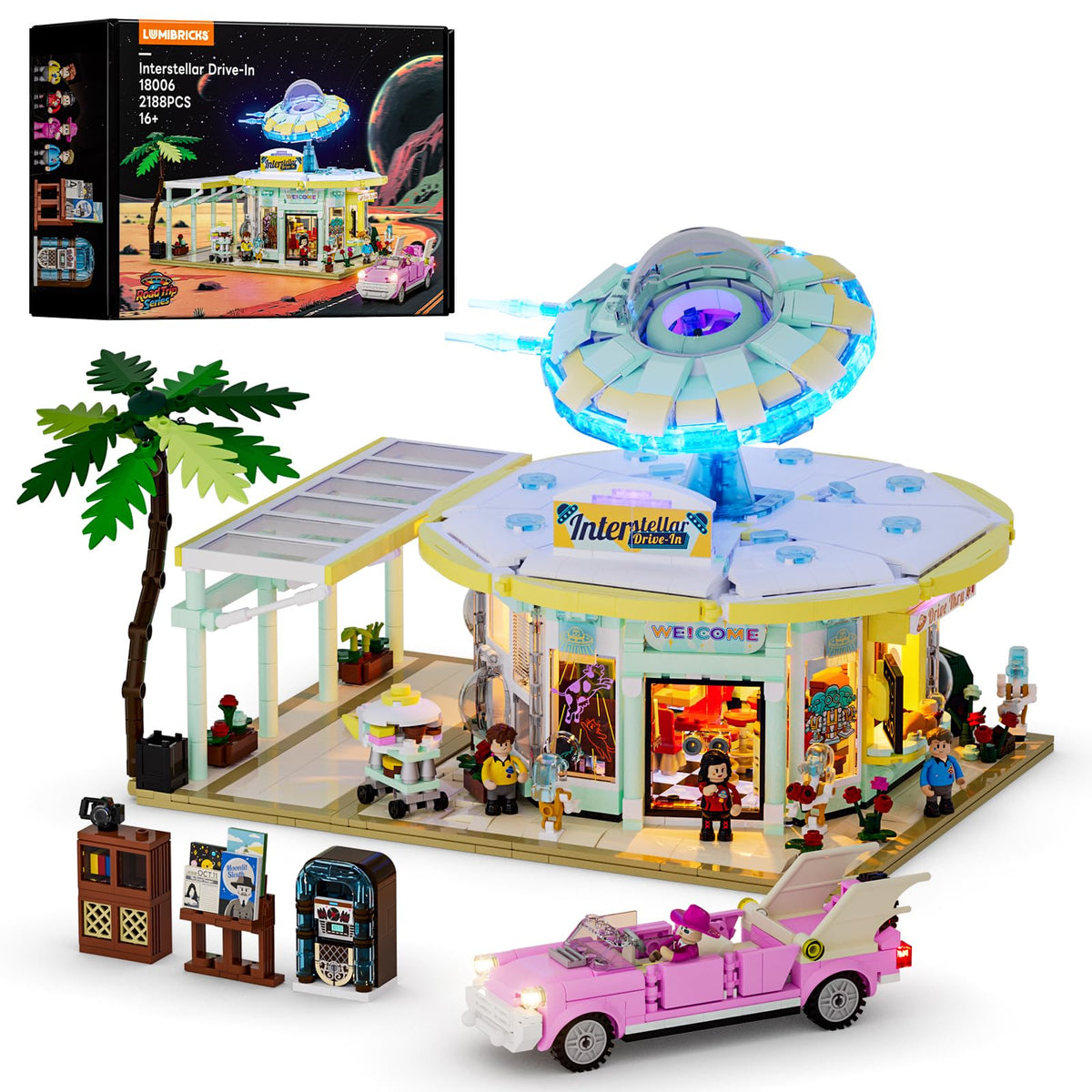 Lumibricks Interstellar Diner front view showcases a retro futuristic drive in vibe, ideal for display collections.