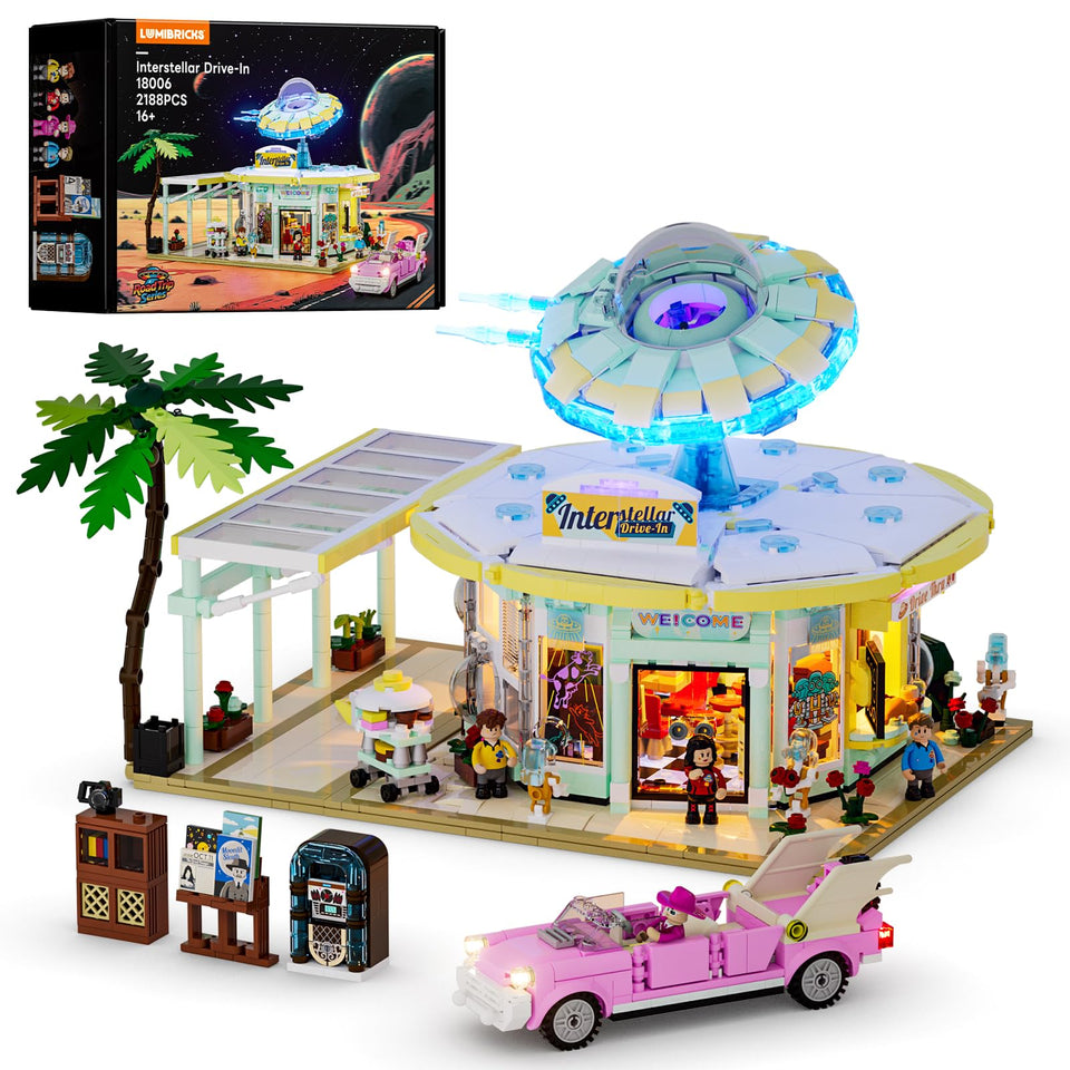 Lumibricks Interstellar Diner front view showcases a retro futuristic drive in vibe, ideal for display collections.