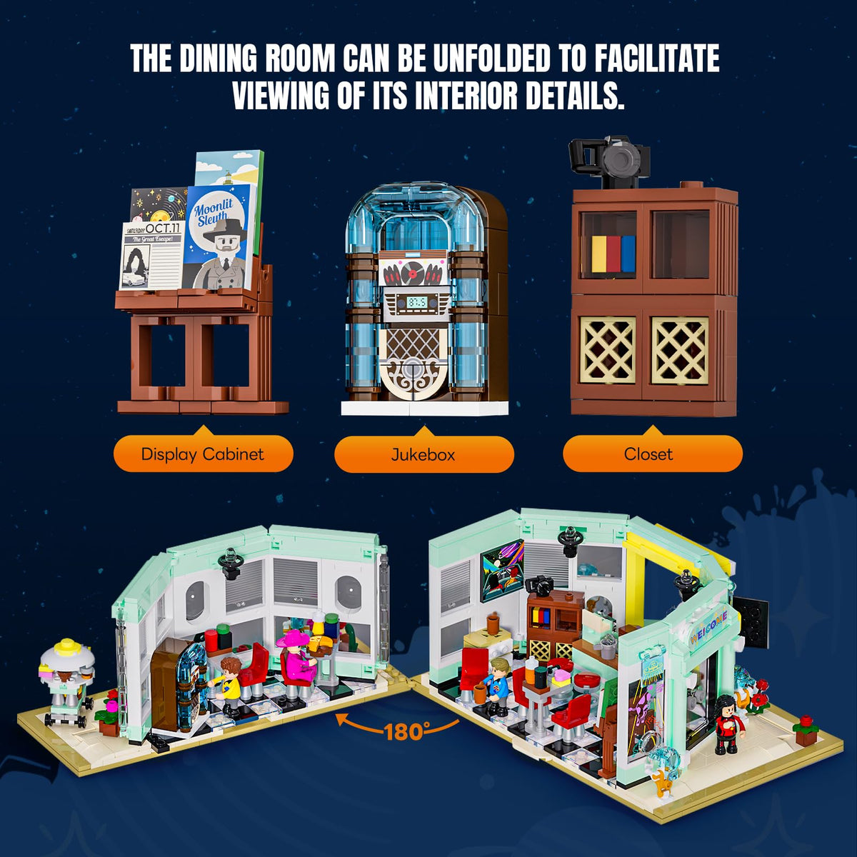 Lumibricks Interstellar Diner rooftop sign focuses lighting and sci fi aesthetic for vibrant display.