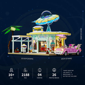 Lumibricks Interstellar Diner vintage car in frame highlights nostalgia and scene customization.