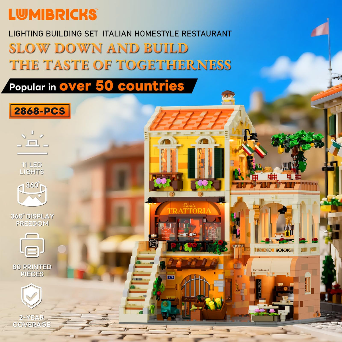 Lumibricks terrace with lamps enhancing street-side dining ambiance