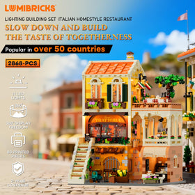 Lumibricks terrace with lamps enhancing street-side dining ambiance