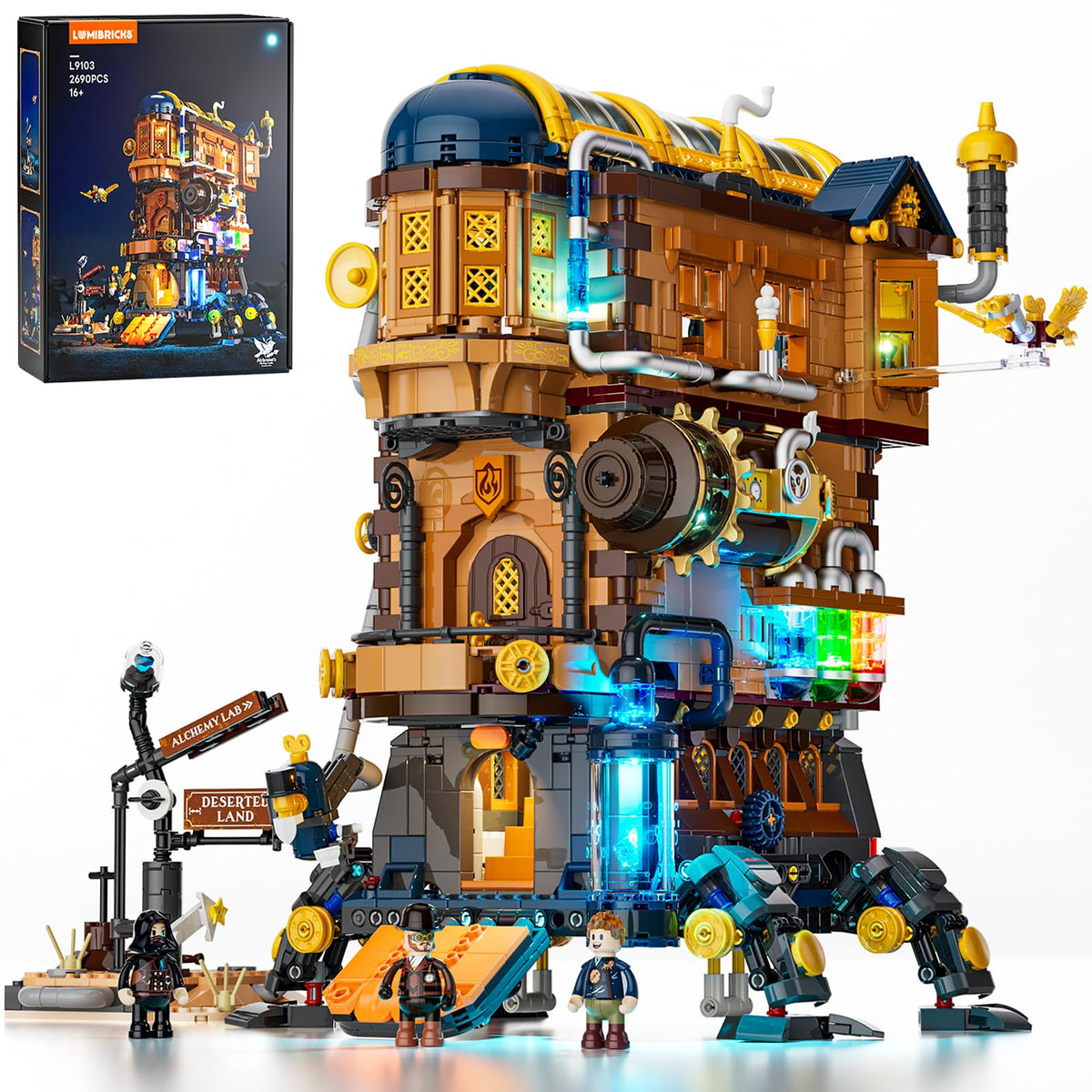 Lumibricks Mecha-Alchemist's Moving Castle front view showing articulated legs for dramatic display