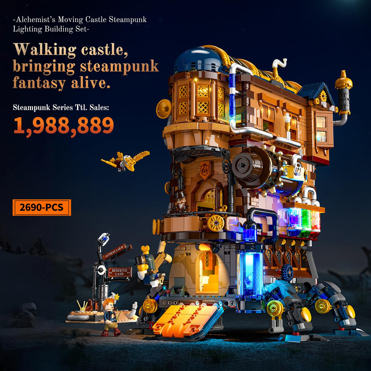 Lumibricks Mecha-Alchemist's Moving Castle pumping chimney demonstrates kinetic action