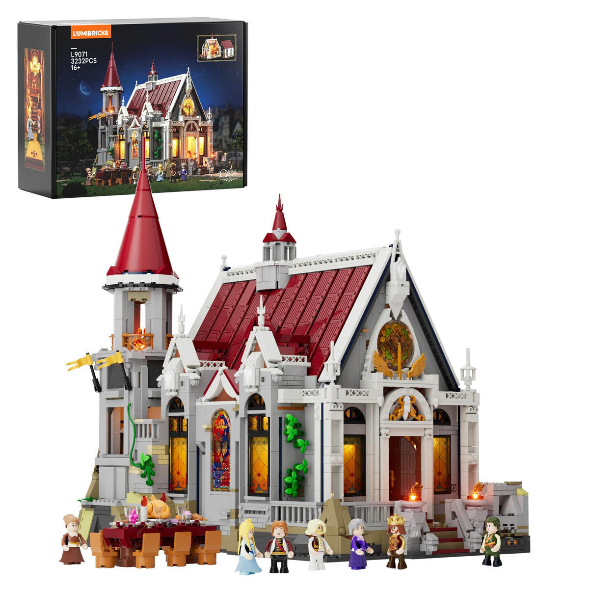 Lumibricks medieval castle banquet hall lighting highlights stained glass for dramatic dioramas